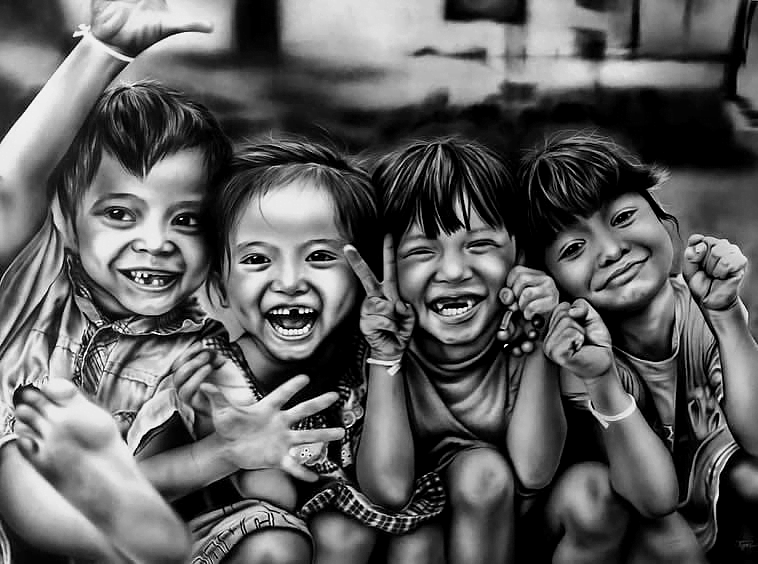 smiling kids pencil sketch drawing