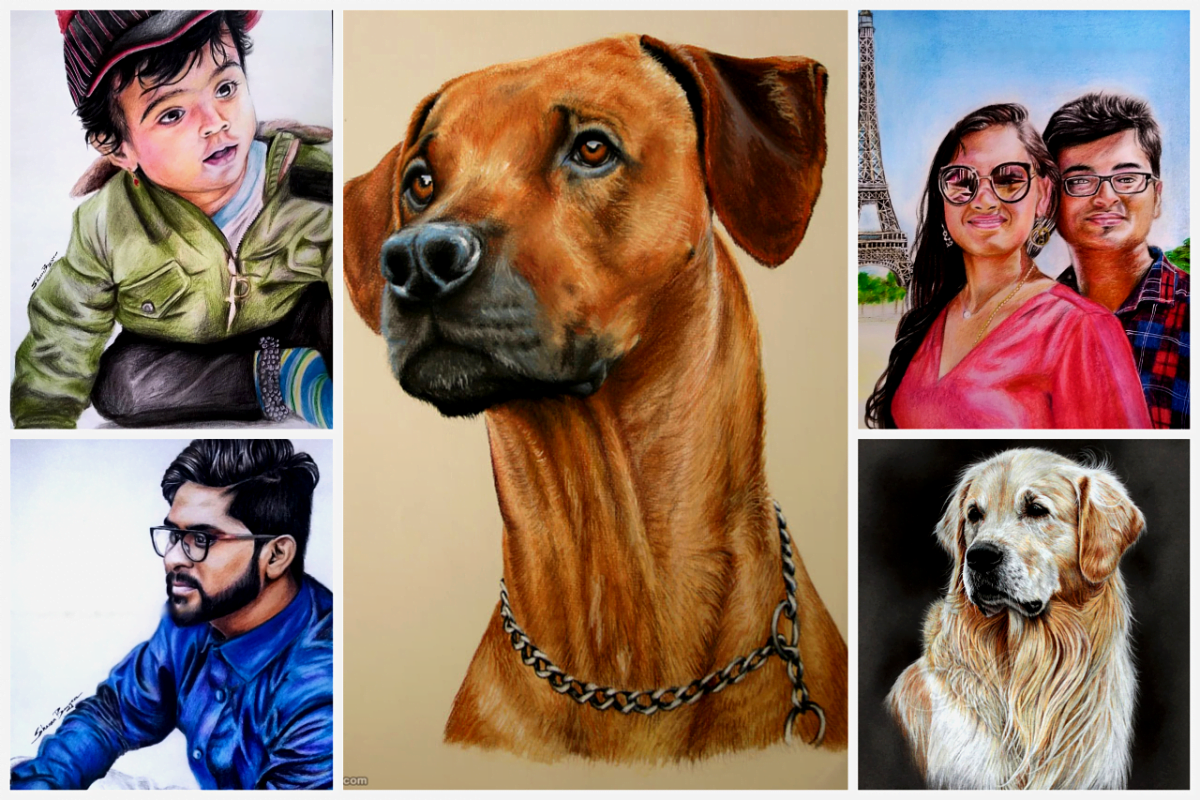custom COLOUR PENCIL portrait paintings COLLAGE