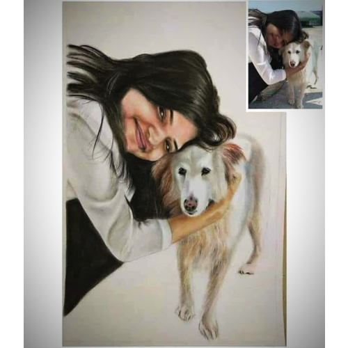 Girl With Pet Dog color pencil custom portrait