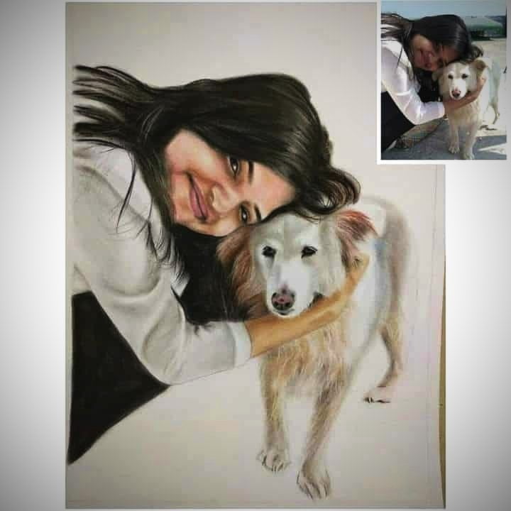DOG AN GIRL COLORED PENCIL DRAWING