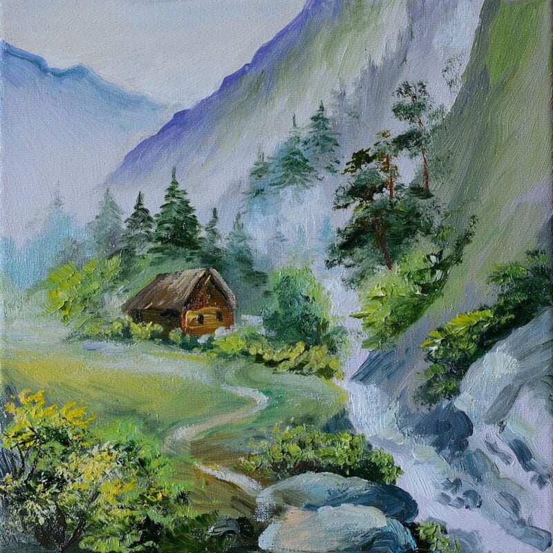 house in forest painting